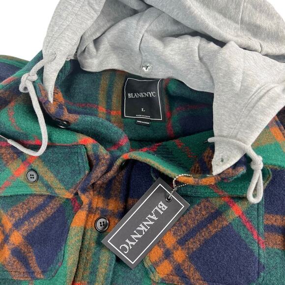 New Men’s BLANKNYC Plaid Button Front Hooded Shacket Size L - Picture 3 of 11